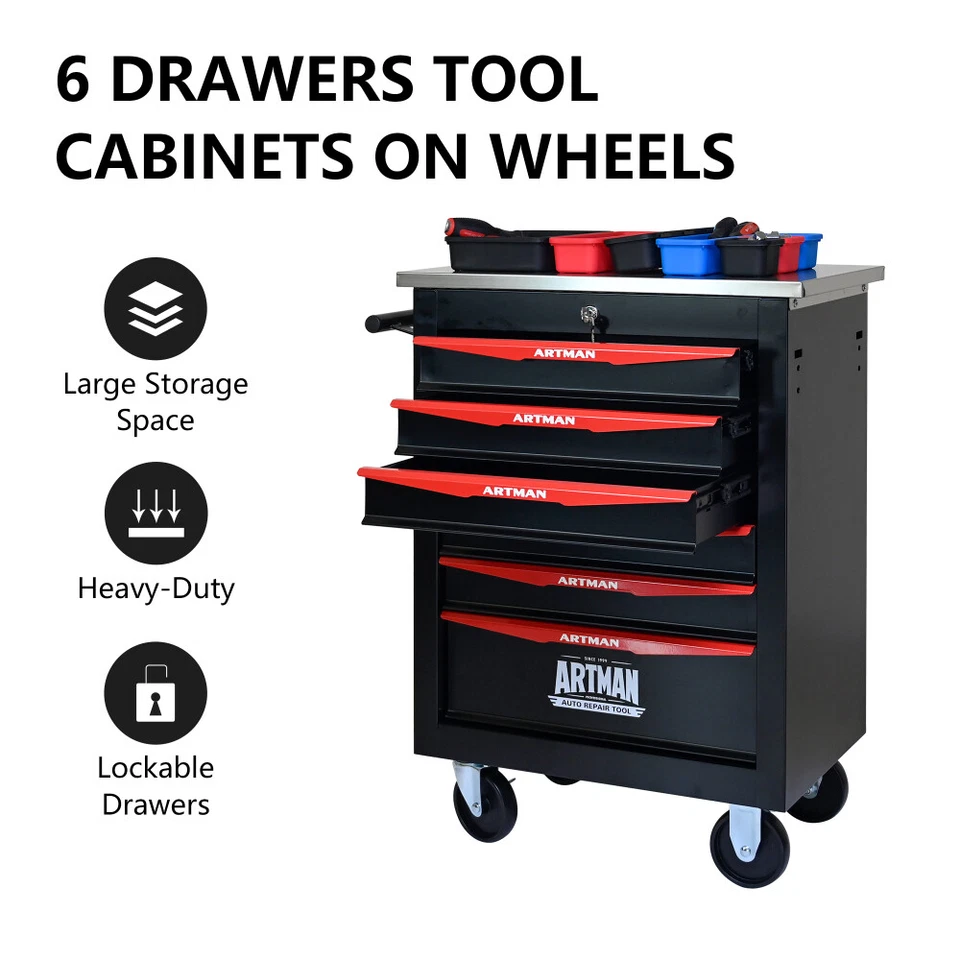6 Drawer Multi-Tool Cart with Wheels Stainless Steel Top Garage Lockable Foto 2 de 4