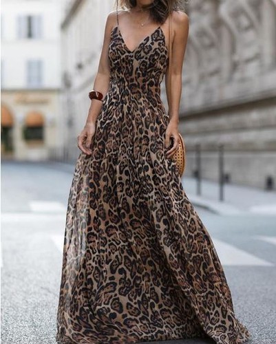 vestito abito slim donna lungo animalier beige leggero manica elegante moda  4648 | eBay
