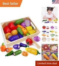 Wooden Play Food Set for Kids - Educational Pretend Food with Knife Storage