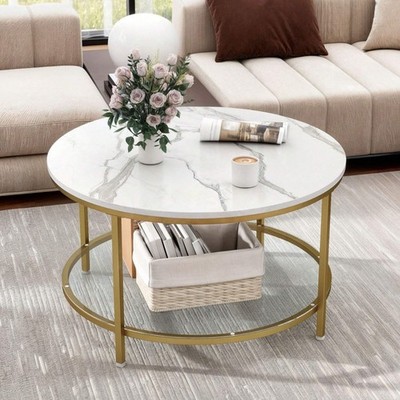 Modern Gold 2 Tier Round Coffee Table Faux Marble Glass Shelf Living Room Wood