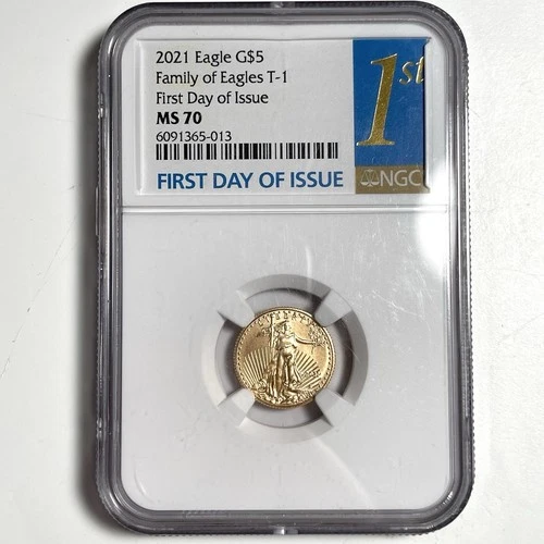 2021 $5 American Gold Eagle T-1 MS70 First Day Issue Label 1/10Oz Gold