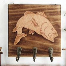 Bass Fishing Key Holder Handcrafted Rustic Wood Wall Hanger Decor Key Hook 5 x 5