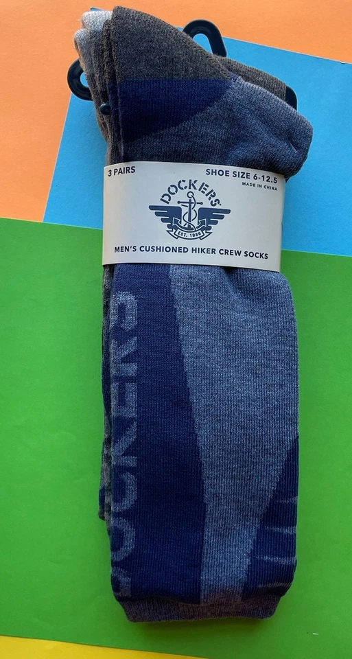 МУЖСКИЕ DOCKERS носки 3 пары туристический экипаж синий и серый дизайн мягкий амортизированный новый с Ярлыками - Изображение 2 из 4