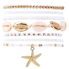 Mikovivi 7pcs Summer Beach Bracelets for Women, Stackable Shell Medium, gold