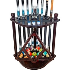 Wooden Billiard Pool Cue Rack Holder Corner Stand W/ Ball Racks  Beverage Mat