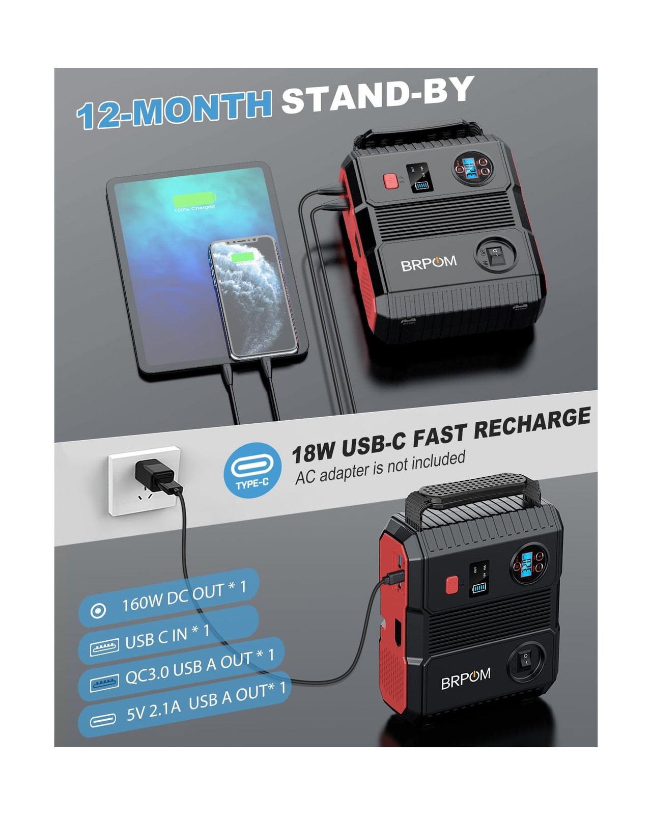 Car Jump Starter with Air Compressor, 150PSI 8000A Peak 24000mah (Up to All G...