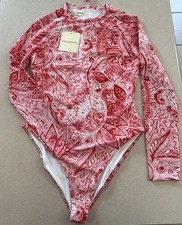 Mara Hoffman Reese One Piece Long Sleeve Rashguard Swimsuit Red Multi NWT Size M