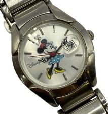 Vintage Disney Lorus Minnie Mouse Watch Date Moving Hands Silver Tone Bracelet