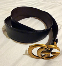 Gucci Women’s Black Dress Belt Gold GG Logo Buckle Adjustable Size 80-32