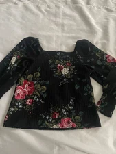 Loft Top Womens Size M Black Colorful Floral Ruffle Hem Long Sleeve Boho Dressy