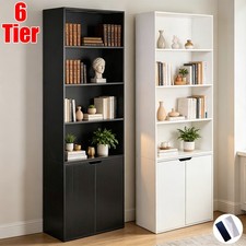 6 Tier Bookcase With 2 Door Cupboard Cabinet Storage Shelving Display Wood Shelf