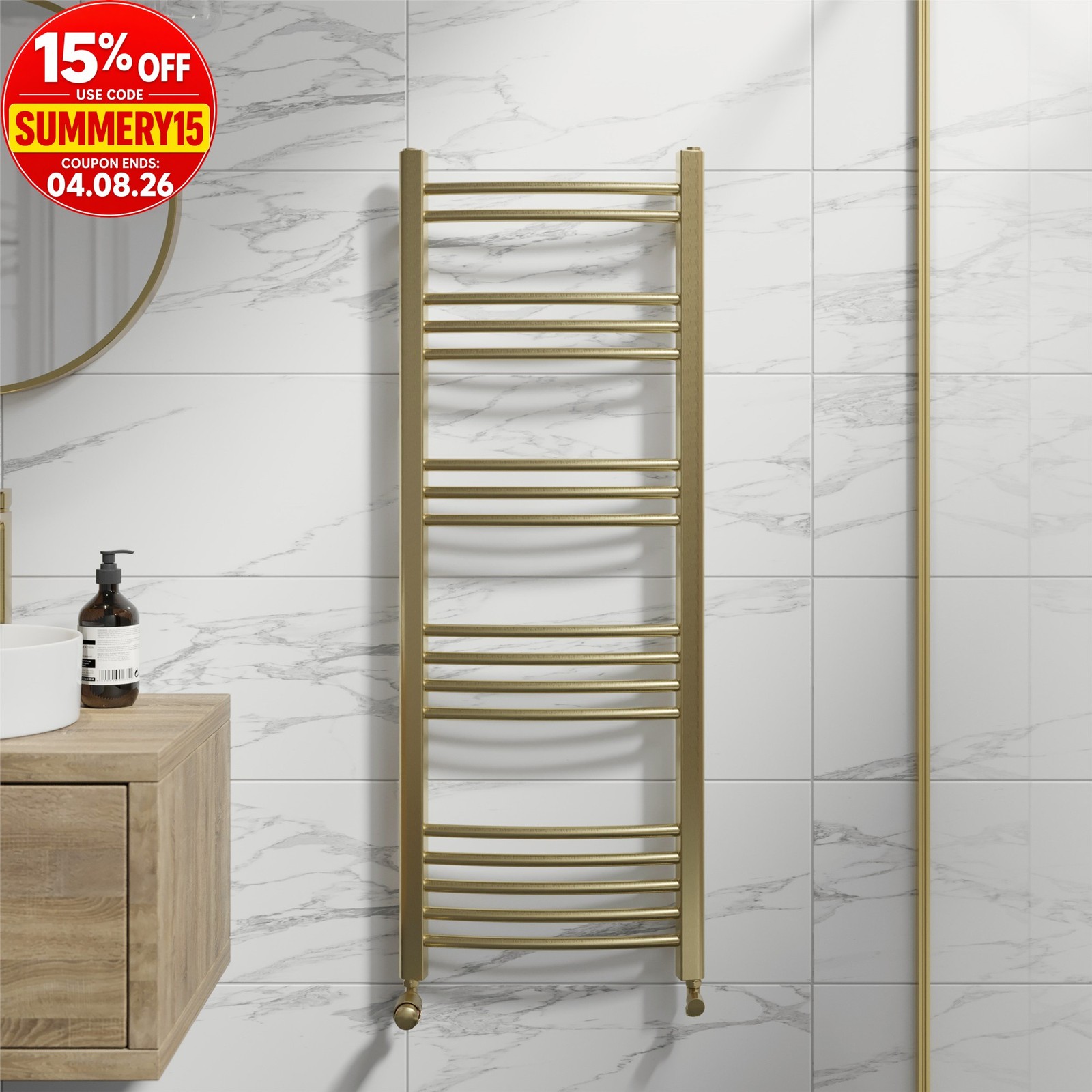 RadiLux Curved Heated Towel Rail Brushed Brass - 1200 x 450mm