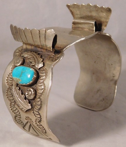 Navajo Native American Sterling Silver Turquoise Mens Watch Cuff Bracelet - Picture 8 of 21