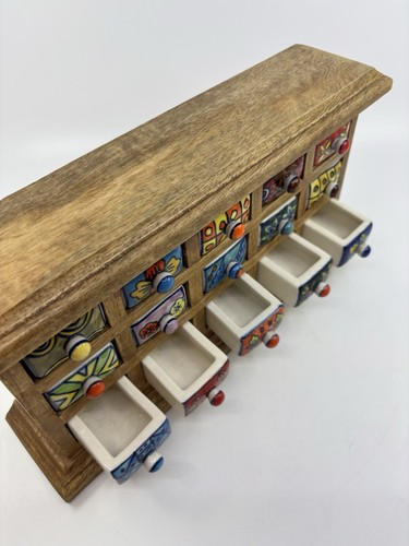 Wooden Storage Box Chest 15 Colorful Ceramic Drawers Tea Spice Jewelry Trinkets - 第 11/11 張圖片