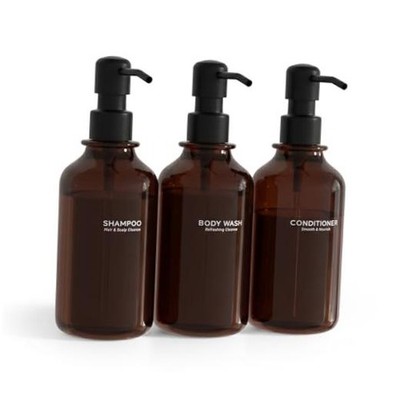 Set of 3 Refillable Body Shampoo & Conditioner Dispensers 17oz - Amber + Black