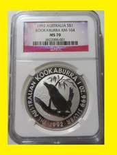 1992  rare 1 oz Silver Australia Kookaburra $1 NGC MS 70 flag