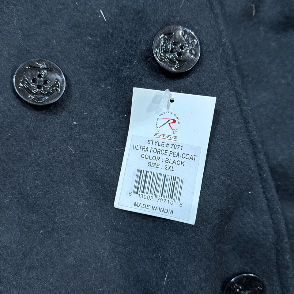 美国军用夹克男式 XXL 黑色羊毛豌豆外套 Rothco 海军纽扣剩余 — 第 3/4 张图片