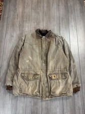 Men  s vintage carhartt chore coat with very nice distressing and worn in look, L