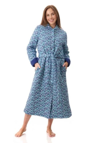 Womens Givoni Blue Quilted Mid Length Button Wrap Cotton Dressing Gown Bath Robe