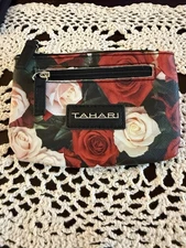 Tahari RFID Small Change Purse Coin Wallet Red White Rose Floral Print ID Window