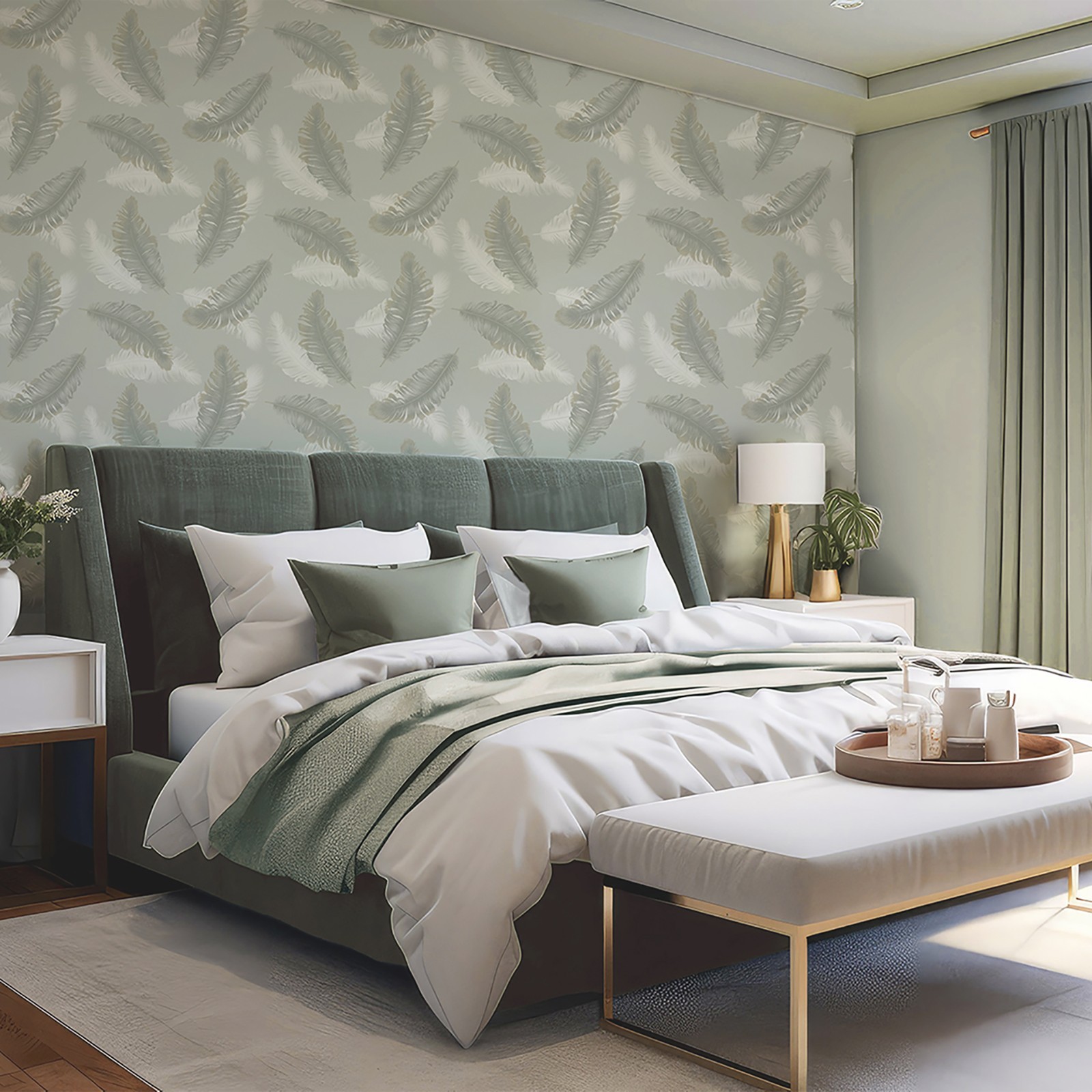Sage Green Feather Wallpaper White Gold Metallic Shimmer Smooth Feature Wall