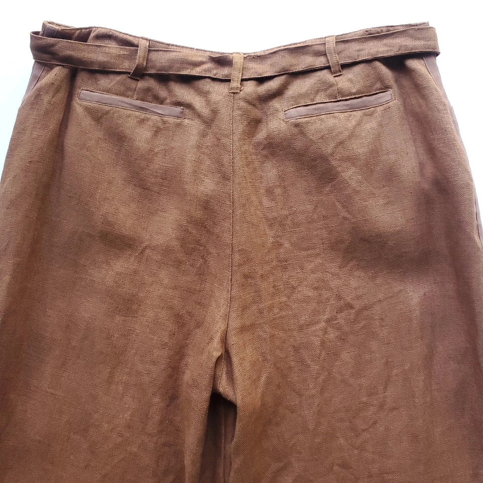 Pantalones de lino de pierna ancha para mujer 10 bolsillos marrones cinturón lazo Lagenlook rayas laterales Foto 4 de 4