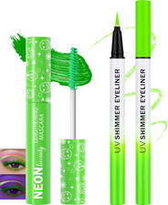 UV Neon Green Mascara  Eyeliner Set, Waterproof Volumizing Colored Mascara Volu