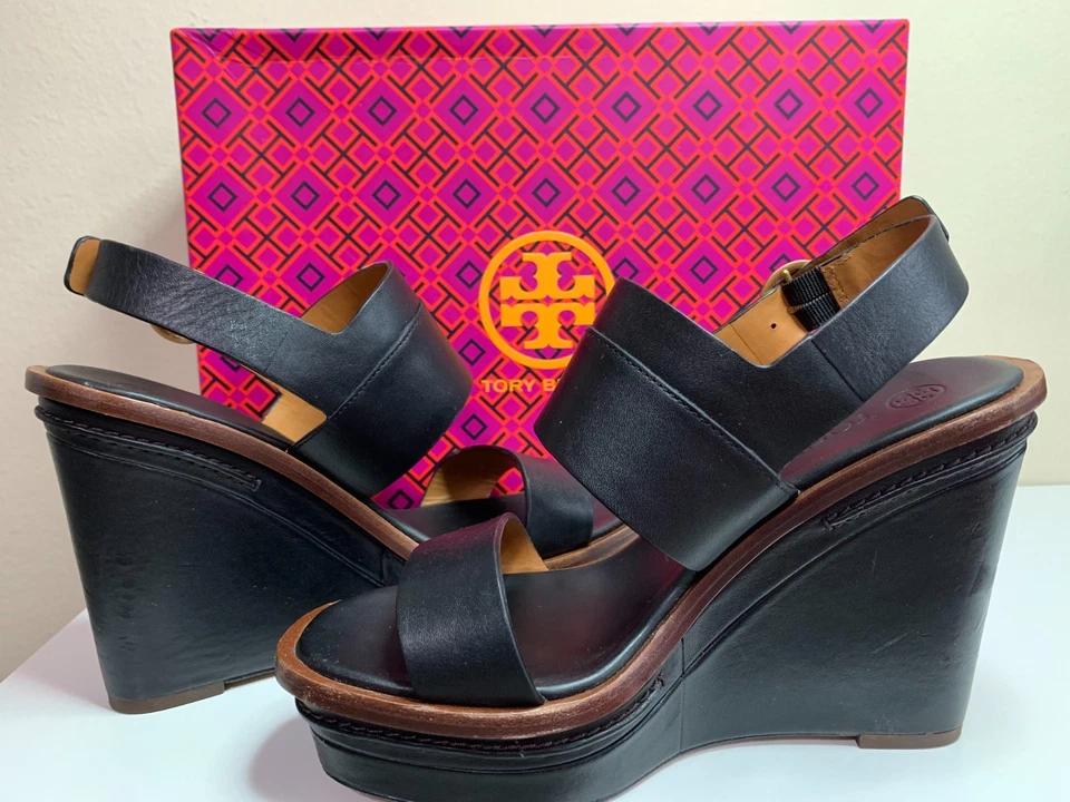 Tory Burch 黑色皮革 Lexington 凉鞋厚底楔形鞋跟女式 5.5M 码 — 第 4/4 张图片