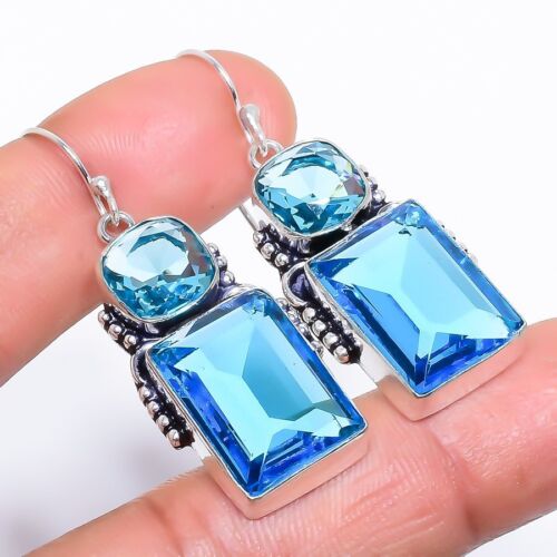 Blue Topaz Gemstone 925 Sterling Silver Earring 1.9" r819 - Afbeelding 1 van 5
