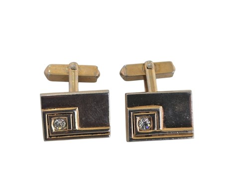 Gemelli vintage Swank tono oro lucido design geometrico con accento strass - Foto 3 di 6
