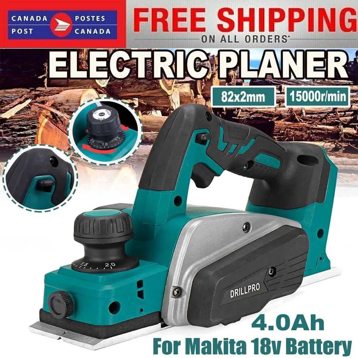 82MM 15000RPM Rechargeable Electric Planer Cordless Handheld Wood Cutting Tool
