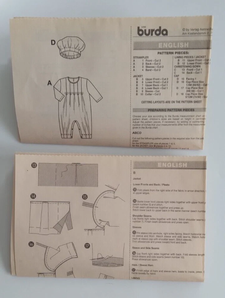 BURDA #9944 INFANTS SIZE 1M-3M-6M-9M-12M SLEEPER GOWN COAT HAT PATTERN COMPLETE - Image 3 of 4