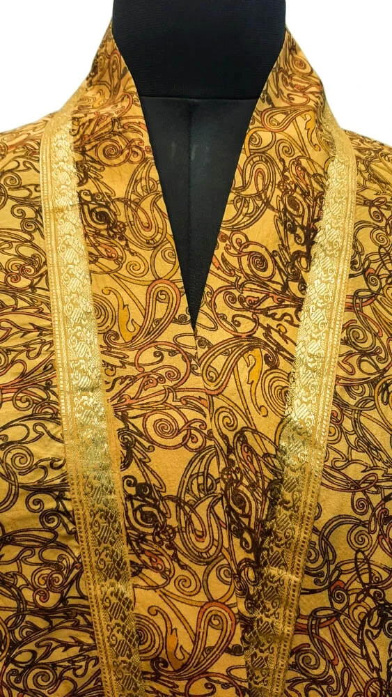 Pura Seda Amarillo Kimono Largo Vestido Traje Mujer Bata Noche KMO3564