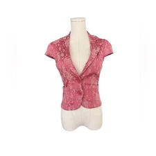Y2K vintage Pink Floral Fitted romantic Blazer short sleeve Top S office chic