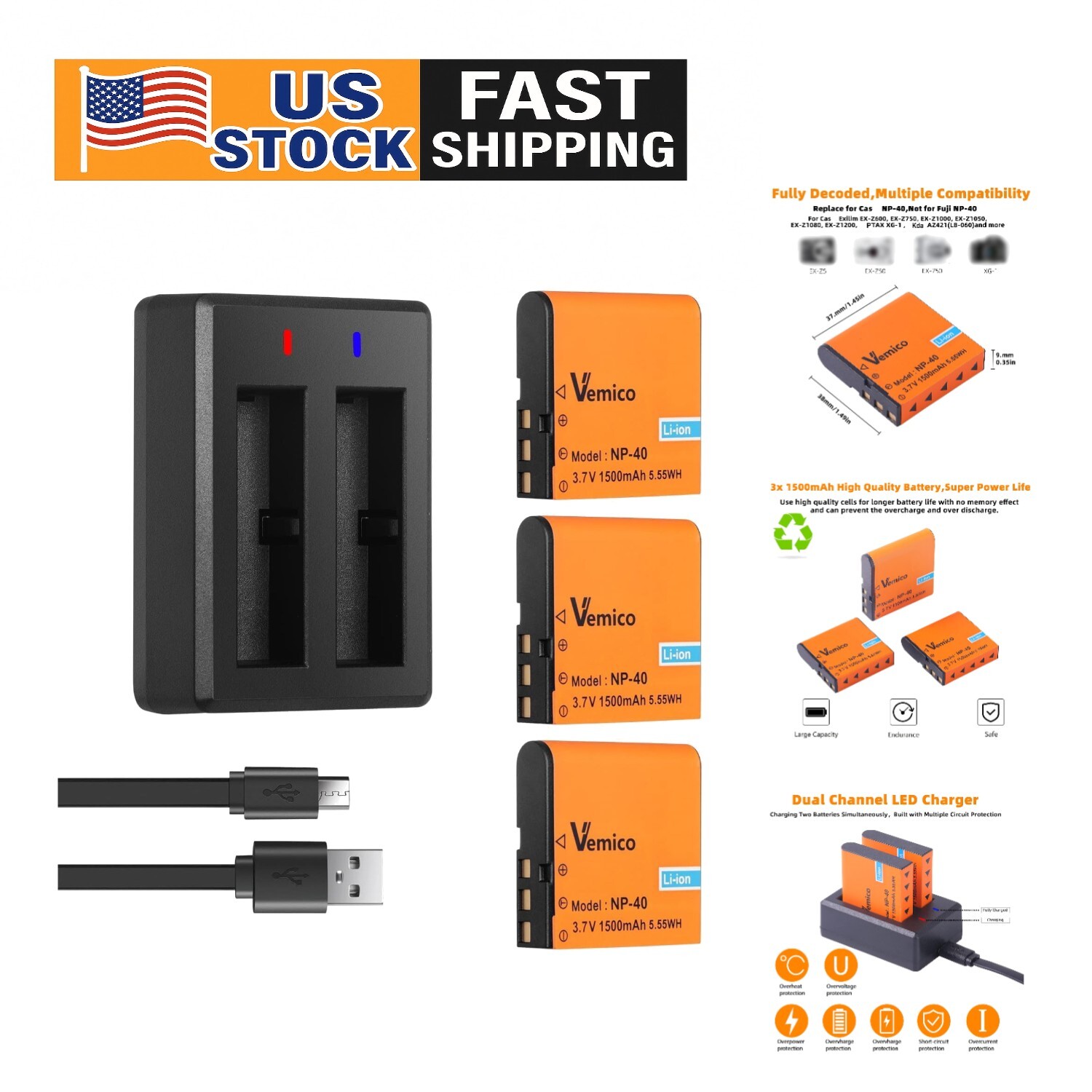 NP-40 Battery Charger Kit: 3x1500mAh Batteries & Dual-Charger for Videographers