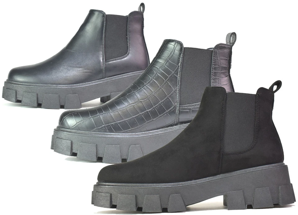 Ladies Chelsea Ankle Boots Platform Black Slip On Chunky Lightweight UK Size 3-8
