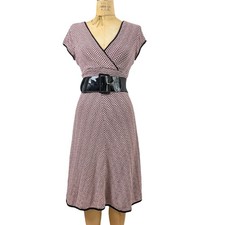 Y2K Pink Chevron Knit Midi Dress Surplice V Neck Empire Waist Retro Mod 70s