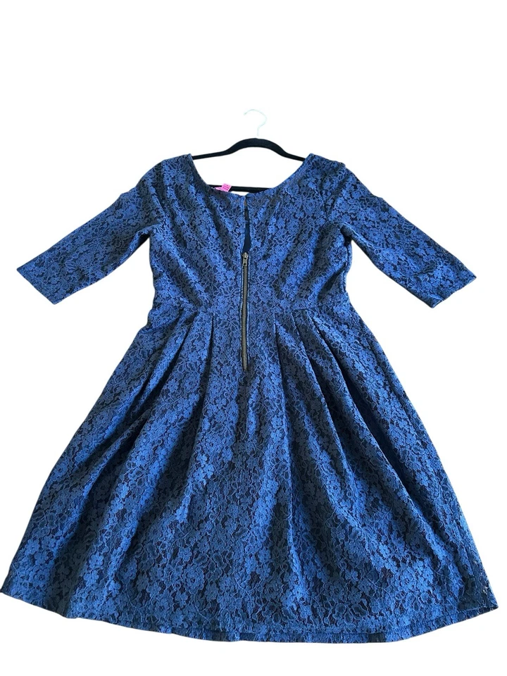 VESTIDO BETSEY JOHNSON FEMININO Tamanho 6 LACE ILLUSION YOKE MANGA 3/4 AZUL MARINHO - Imagem 2 de 4