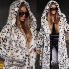 Womens Faux Fur Long Fashion Hooded Occident Jackets Furry Leopard Printed Coats