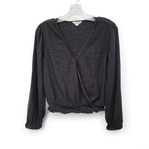 Lucky Brand Faux Wrap Black Cropped Elastic Waist V-Neck Small Blouse Feminine