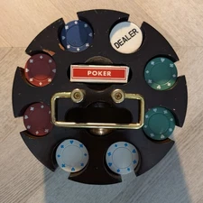 Vintage Rotating Poker Chip Caddy with Handle, Chips And Cards Mahogany Colored