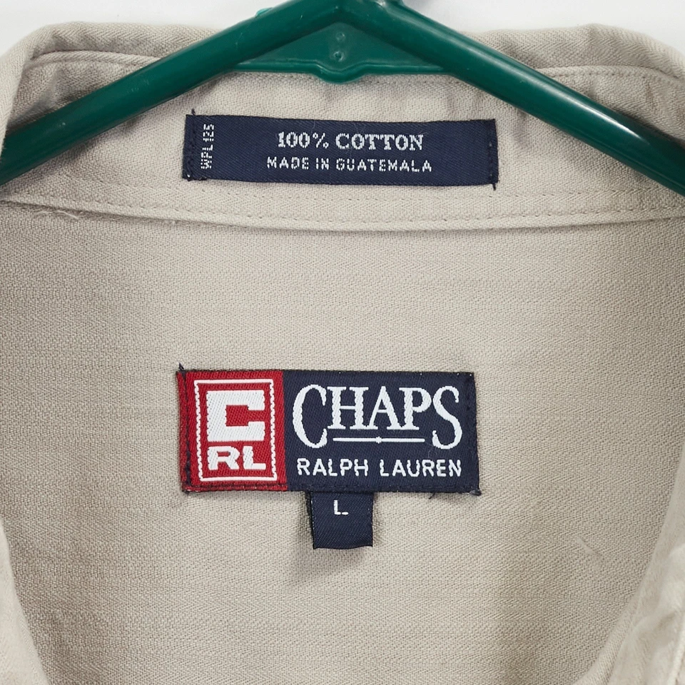 Vtg 90s Chaps Ralph Lauren Mens L Button down Shirt Khaki Pocket Crest Logo CRL - Image 3 of 4