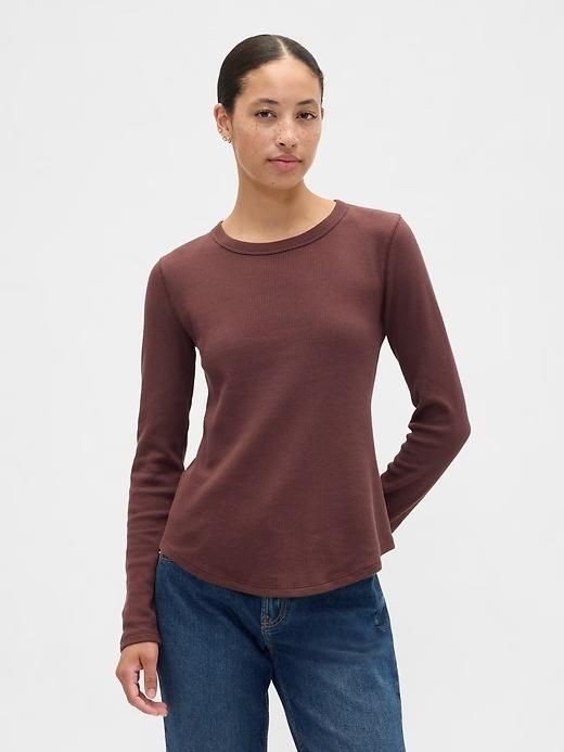 GAP Women's Waffle-Knit CrewNeck T-Shirt- Chocolate Bar Brown-Size M