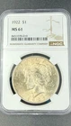 1922 $1 Peace Silver One Dollar US NGC MS61