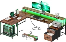 66 Inch L Shaped Computer Desk with Power Outlets and LED Lights, Home Office...
