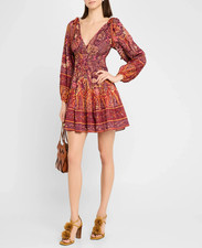 NWT- ULLA JOHNSON 'Anika' V-Neck Long Sleeve Mini-Dress, Odessa (Brick) - 12
