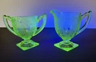 Vintage Green Vaseline Depression Footed Creamer & Sugar #612 Indiana Horseshoe