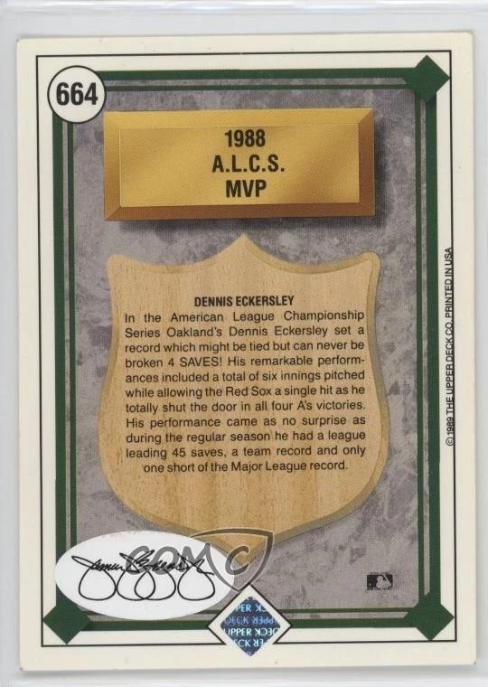 JSA Certified 1989 Upper Deck Award Winners Dennis Eckersley #664 COA Auto HOF - Image 2 of 2