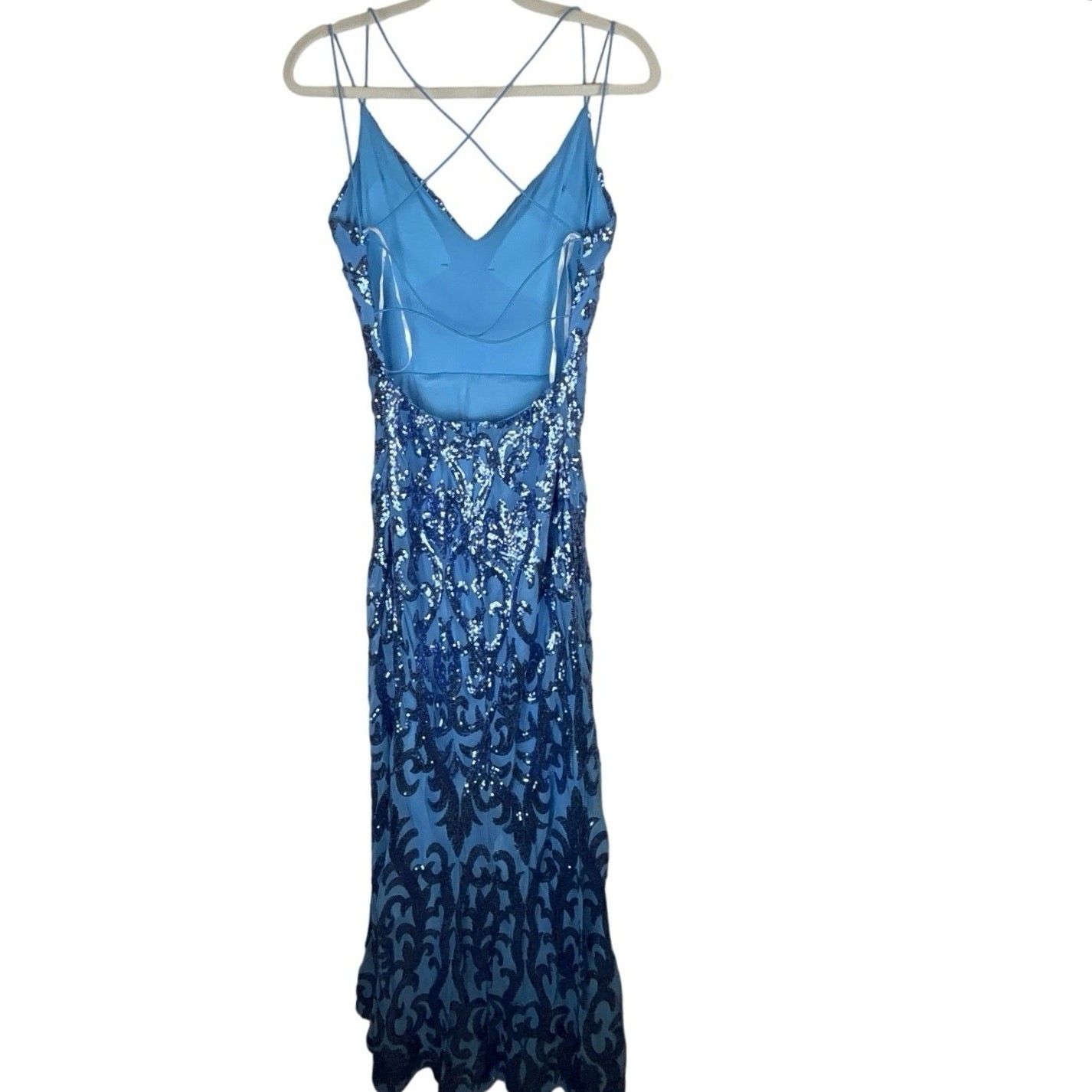 B. Darlin Blue Sequin Formal Dress Floor Length Exposed Back Size M