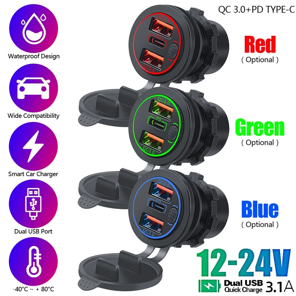 12V Dual USB C Steckdose 3.0 QC PD Einbau Buchse Wasserdicht KFZ Ladegerät Dose - Bild 3 von 4